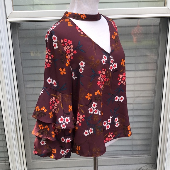 Lipslide Purple Floral Choker Bell Sleeve Top sz M - Picture 8 of 10
